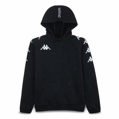 Front view of Kappa boys’ black pullover hoodie 12 years logo sleeve sports fleece