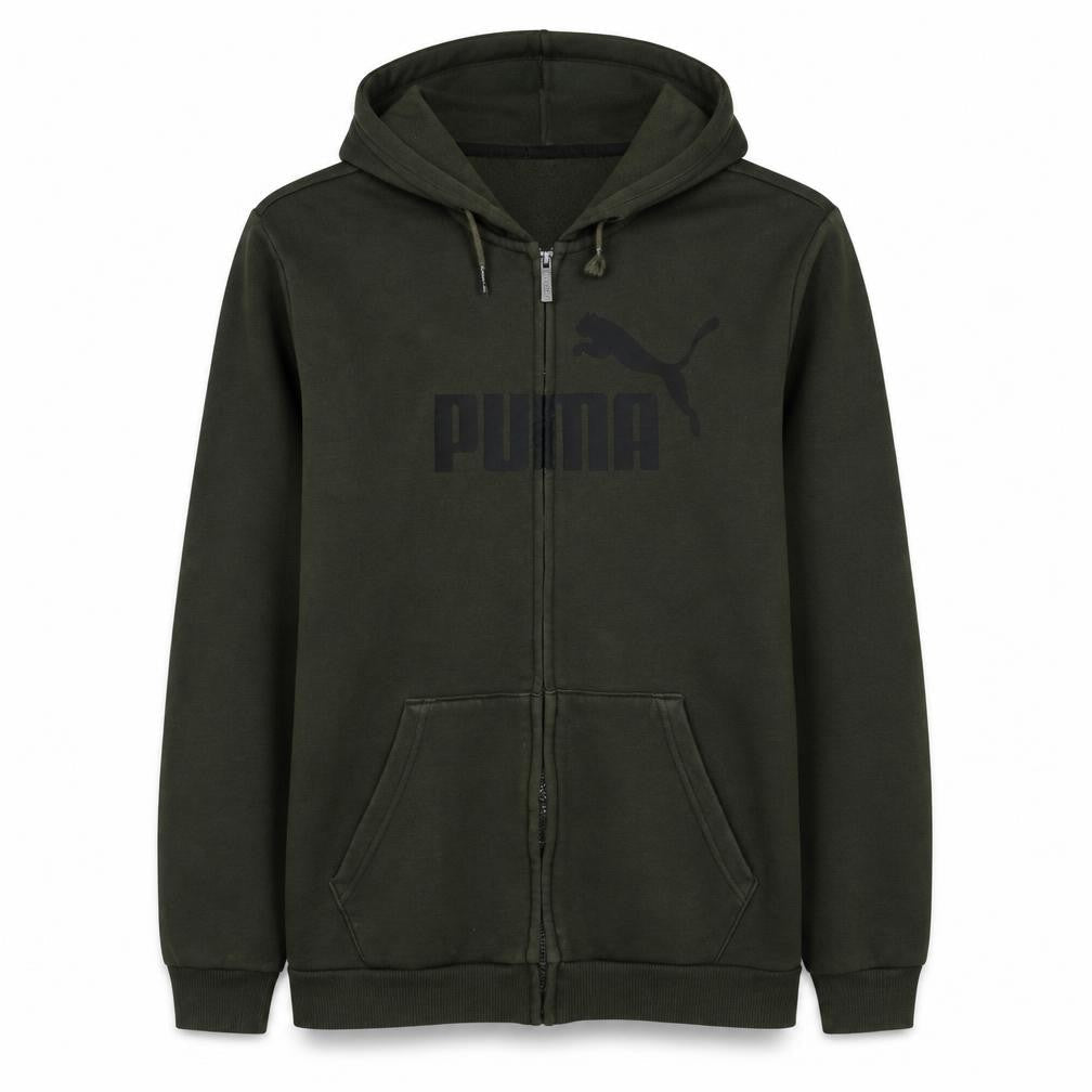 Front view of Puma Men’s Green Full Zip Hoodie, size L, Fleece Logo Sportswear