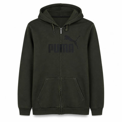 Front view of Puma Men’s Green Full Zip Hoodie, size L, Fleece Logo Sportswear