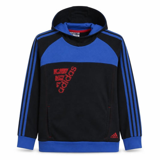 Front view of Adidas boys’ black blue hooded pullover sweatshirt 13-14 years logo design
