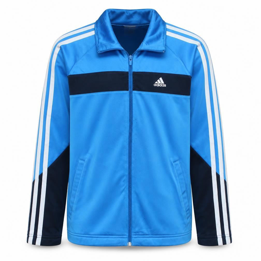 Front view of Adidas boys’ blue full zip hoodie 14 years polyester sports jacket