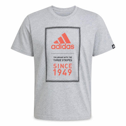 Front view of Adidas Men’s Grey Graphic Logo T-Shirt, size L, Regular Fit Sports Tee