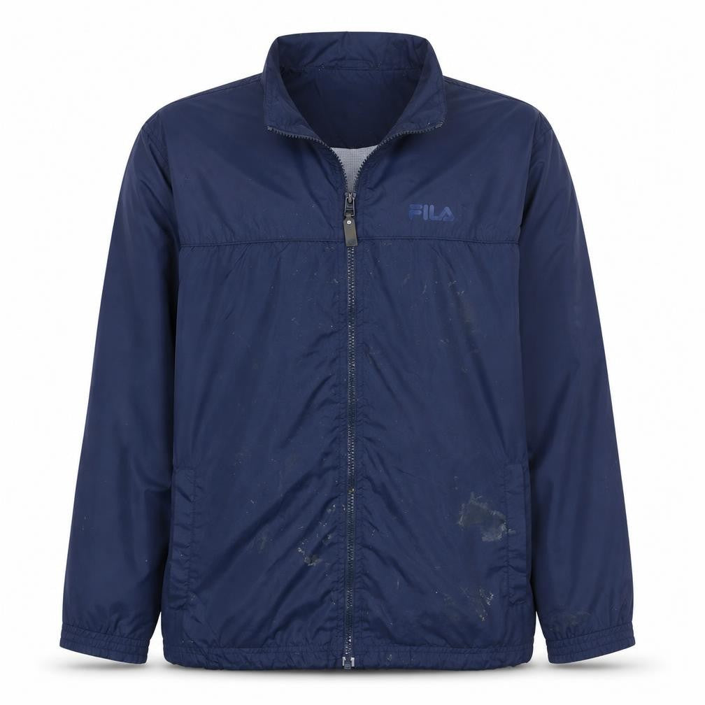 Front view of Fila boys’ blue, size 16, windbreaker jacket full zip lightweight sportswear