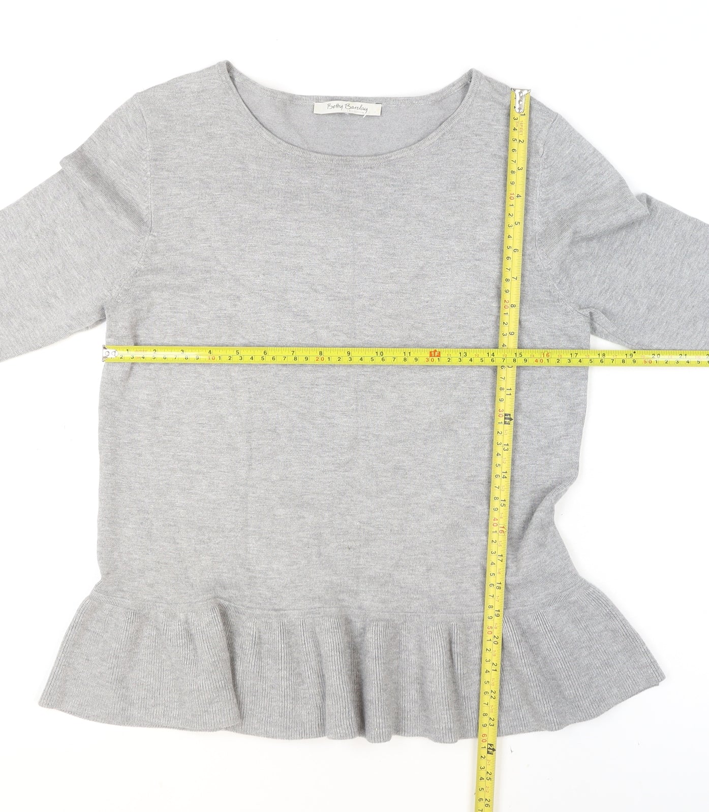 Betty Barclay Women Grey Ruffle Hem 3/4 Sleeve Knit Jumper Size 12
