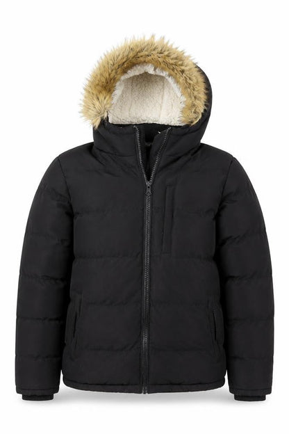Front view of SoulCal boys’ black hooded faux fur trim puffer jacket, size S, winter coat
