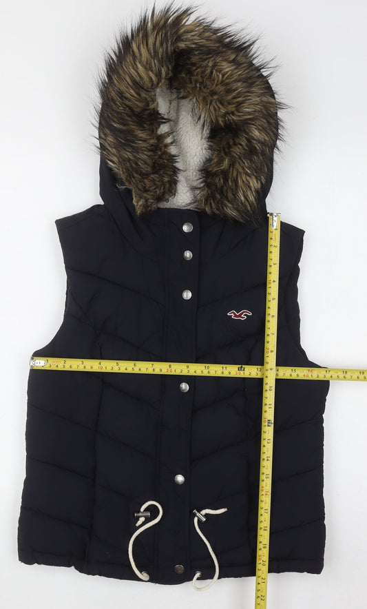 Hollister Womens Black Hooded Fur Trim Puffer Waistcoat Size M