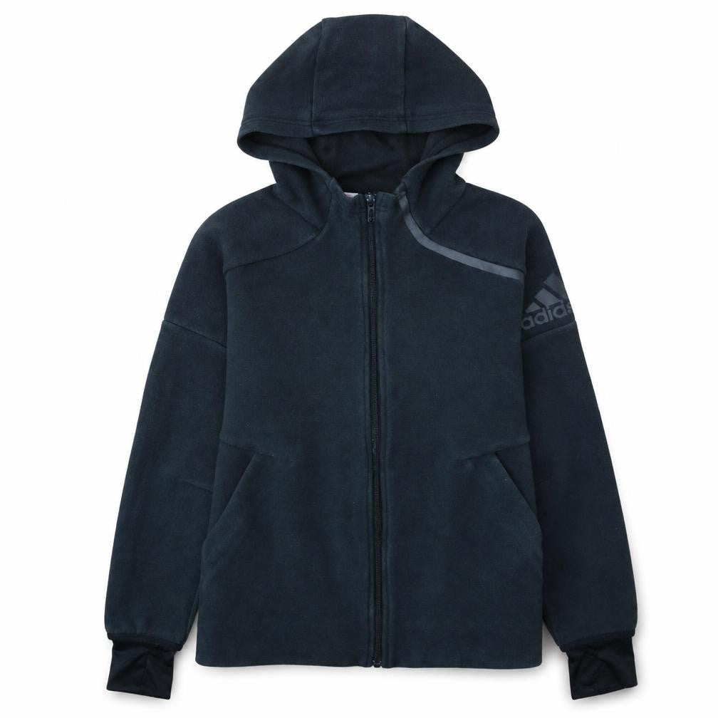 Front view of Adidas boys’ black full zip hooded hoodie, size 11-12, years fleece jacket