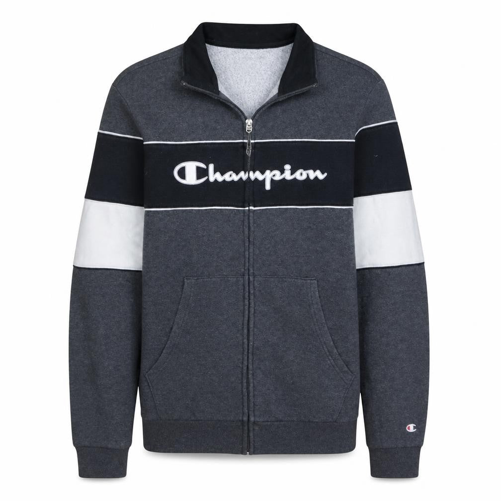 Front view of Champion boys’ grey full zip sweatshirt 15-16 years logo colourblock