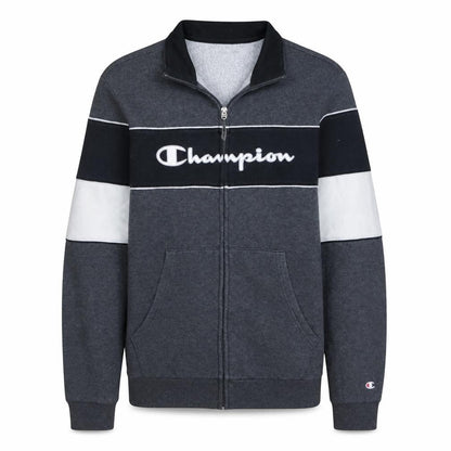 Front view of Champion boys’ grey full zip sweatshirt 15-16 years logo colourblock
