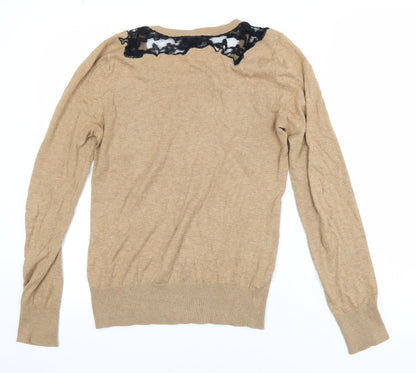 Topshop Womens Beige Black Lace Knit Pullover Jumper Size 8