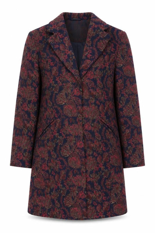 Front view of Tu Woman Blue & Red Floral Long Jacket Coat UK 8 Single Breasted