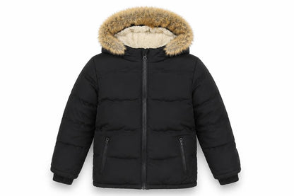 Front view of SoulCal boys’ black faux fur hooded puffer jacket 6-7 years winter coat