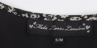 Mela Loves London Women’s Black Floral Chiffon Ruffle Tunic Blouse Size S