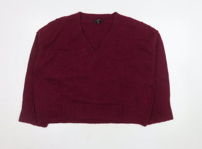 Next Women Red V-Neck Long Sleeve Wool Blend Jumper M