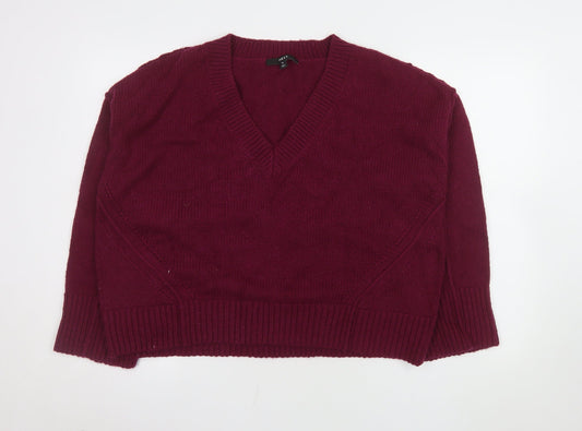 Next Women Red V-Neck Long Sleeve Wool Blend Jumper M