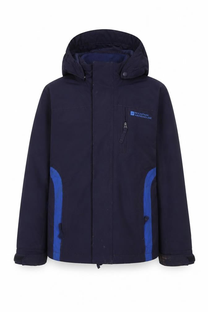 Front view of Mountain Warehouse boys’ blue waterproof hooded rain coat jacket 5-6 years