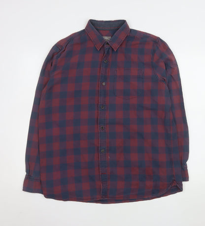 FatFace Men's Red Navy Check Cotton Long Sleeve Button-Up Shirt L