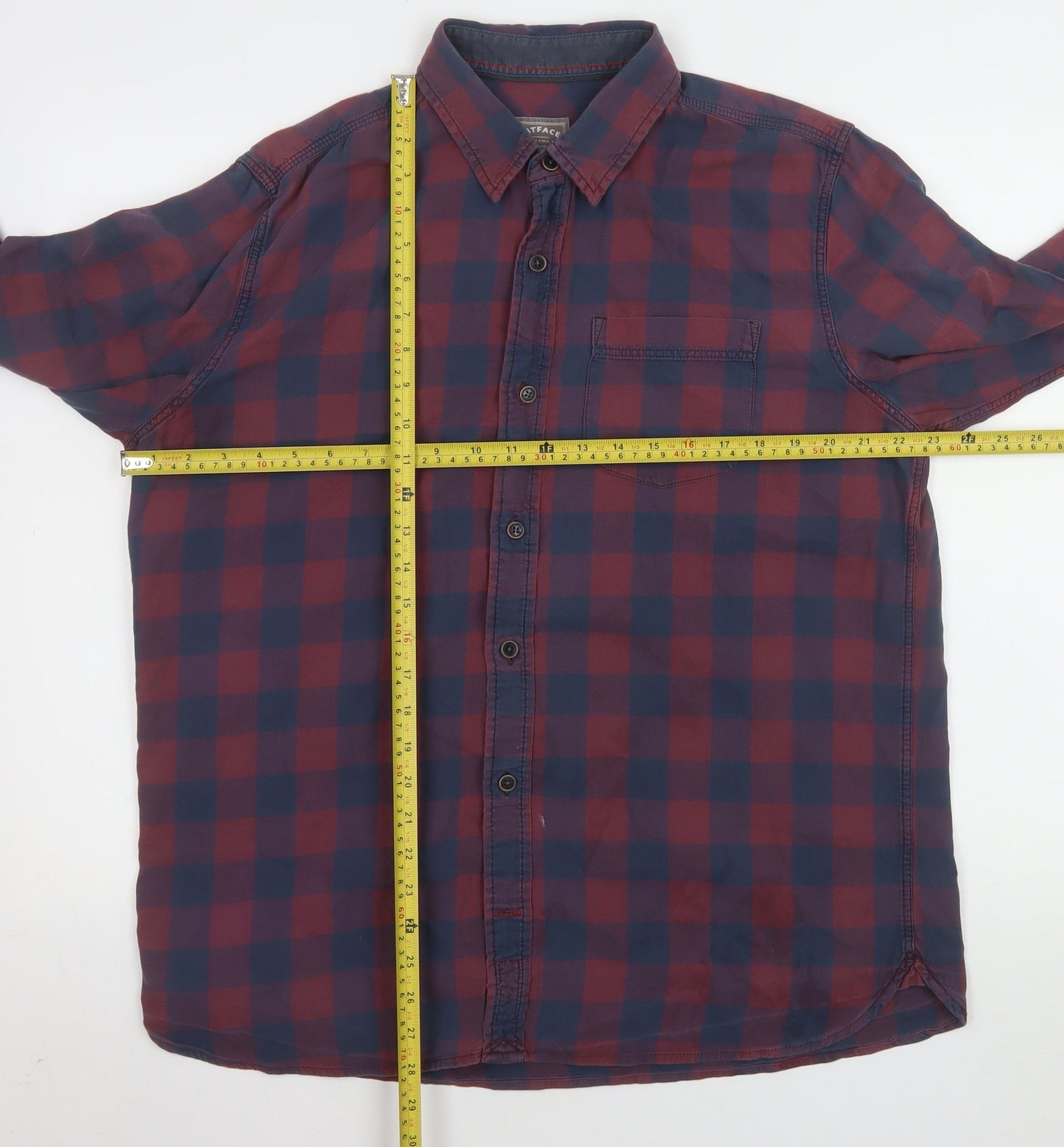 FatFace Men's Red Navy Check Cotton Long Sleeve Button-Up Shirt L