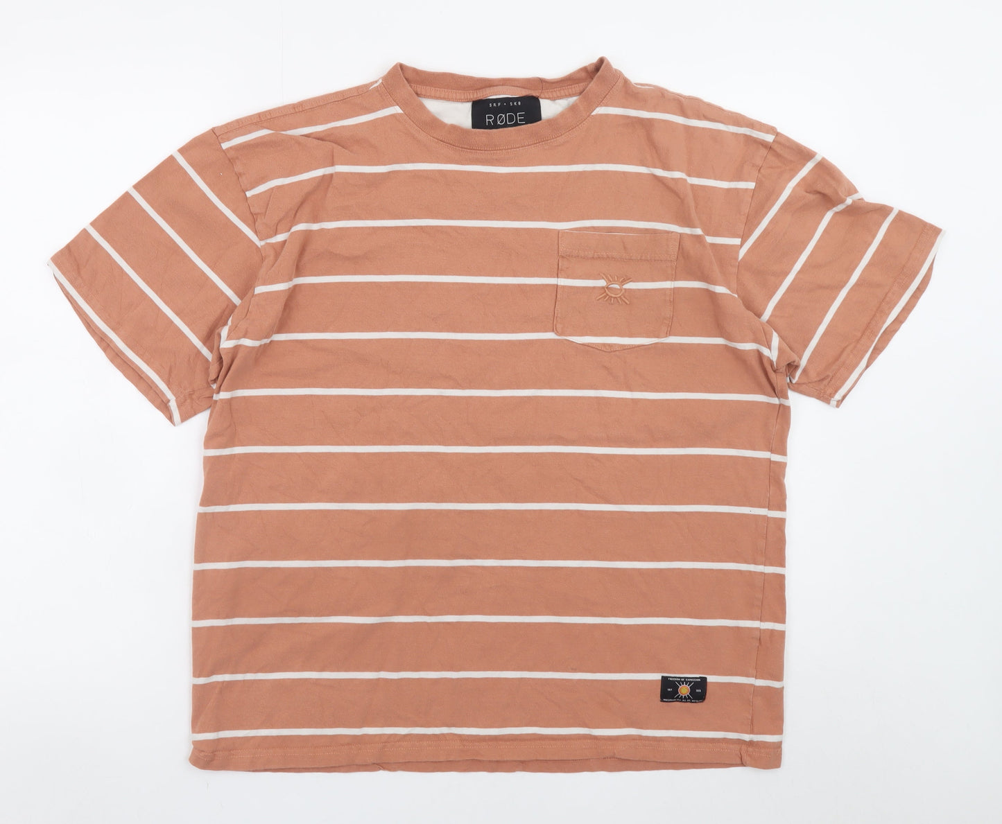 RØDE Mens Brown Striped Cotton Crew Neck T-Shirt Size M
