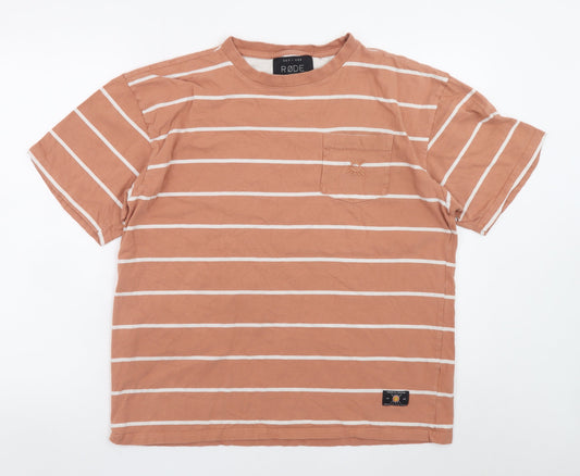 RØDE Mens Brown Striped Cotton Crew Neck T-Shirt Size M
