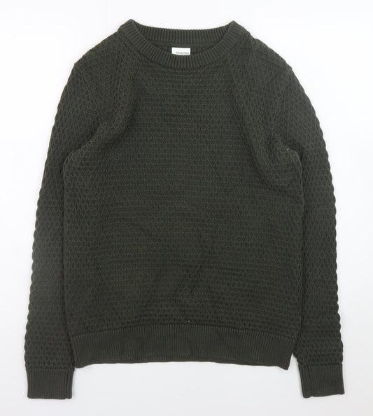 Selected Homme Men's Green Waffle-Knit Cotton Jumper Size S