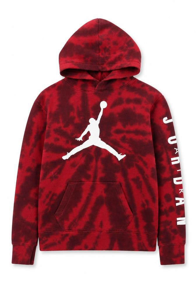 Front view of Jordan boys’ red black tie-dye pullover hoodie 12-13 years cotton blend