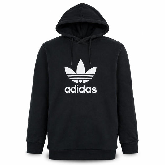 Front view of Adidas boys’ black hoodie l pullover graphic print trefoil logo sweatshirt