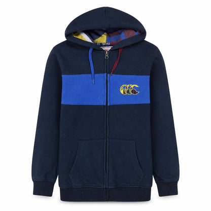 Front view of Canterbury boys’ navy blue full zip hoodie, size 14, years uglies rugby