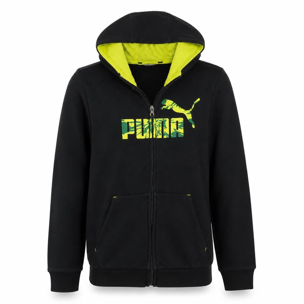 Front view of Puma boys’ black full zip hoodie 14-15 years graphic print fleece