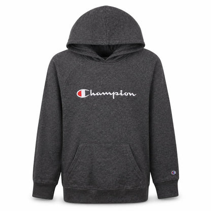 Front view of Champion boys’ grey xl pullover hoodie fleece sweatshirt with logo