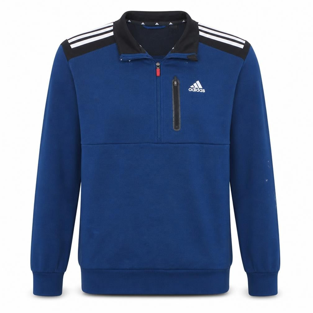 Front view of Adidas Men Blue Track Jacket L 1/4 Zip Fleece Sportswear