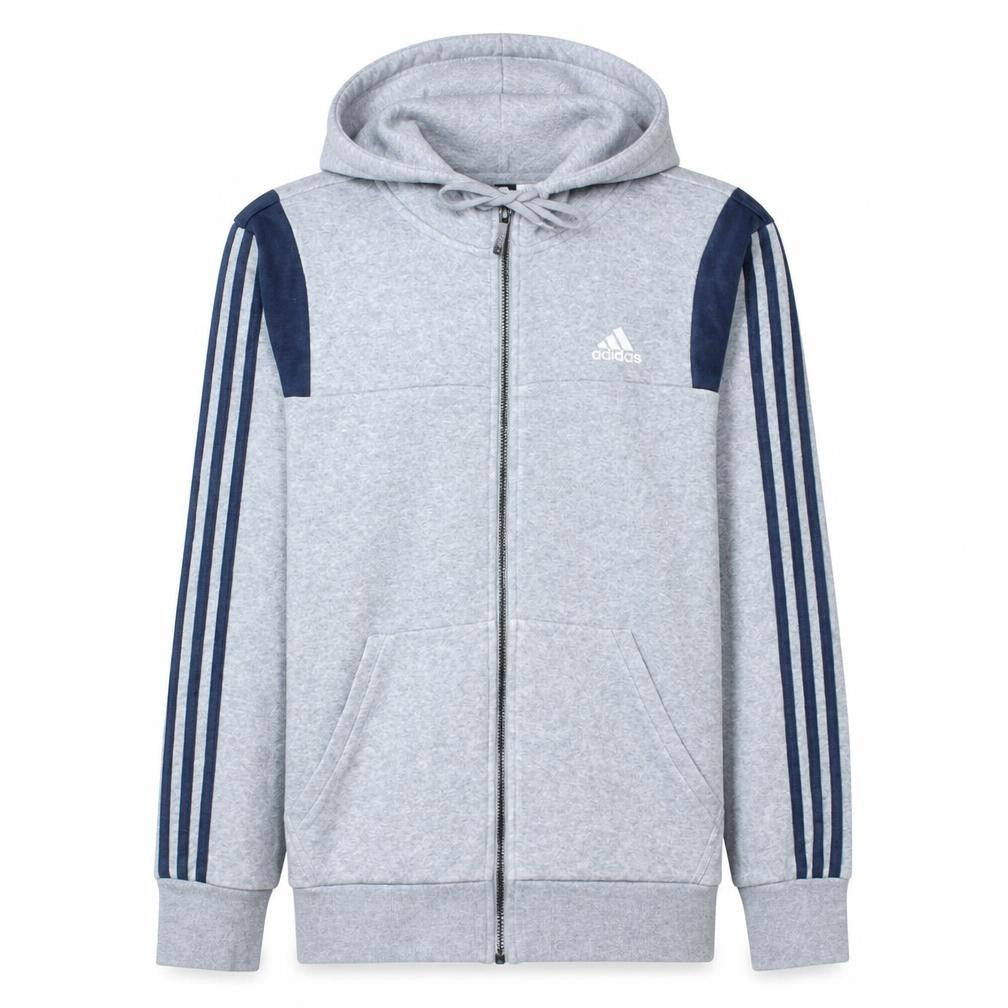 Front view of Adidas Men Grey Full Zip Hoodie M Classic Sports Style