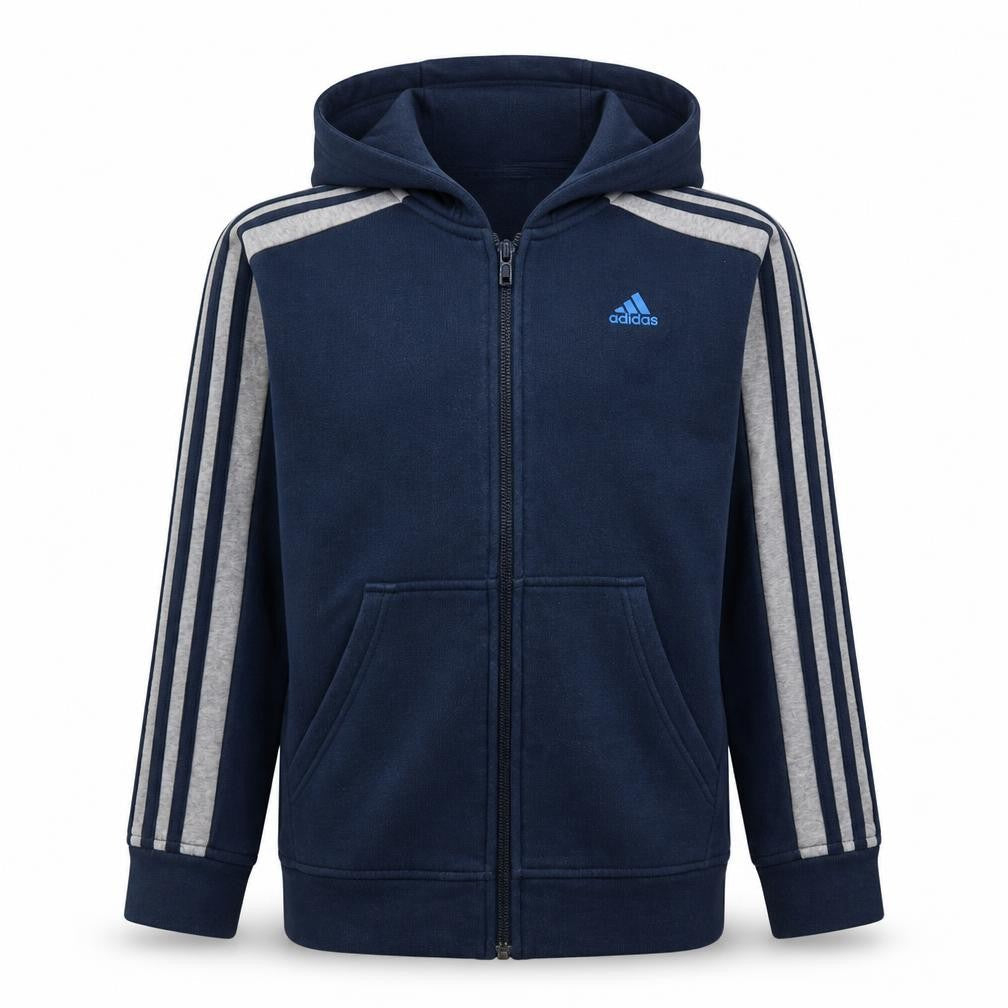 Front view of Adidas boys’ navy blue full zip hoodie, size 11-12, years cotton blend