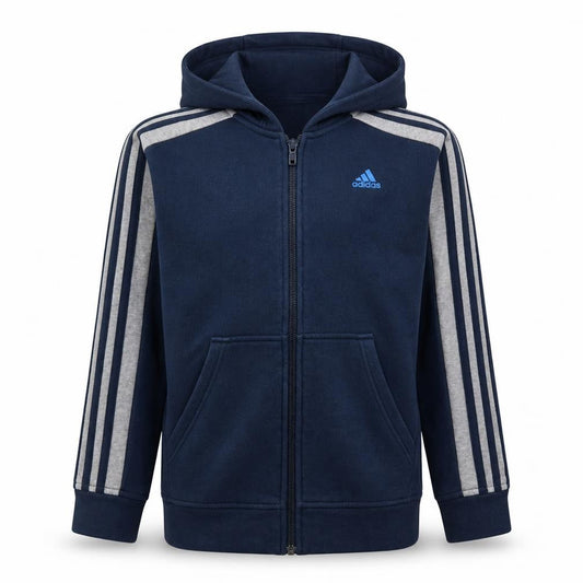Front view of Adidas boys’ navy blue full zip hoodie, size 11-12, years cotton blend