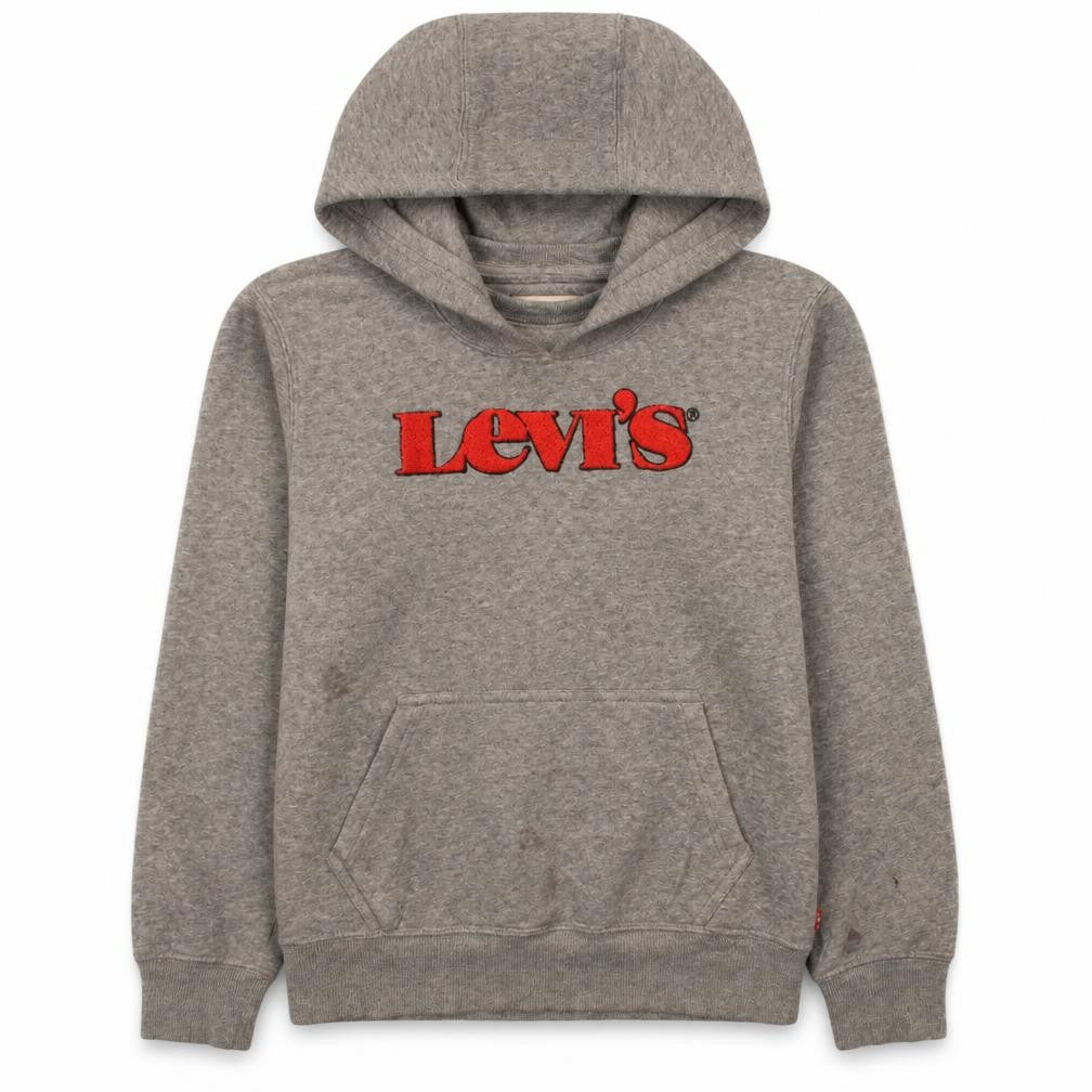 Front view of Levi's boys’ grey pullover hoodie 12 years graphic logo hooded sweatshirt