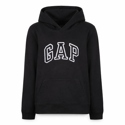 Front view of Gap girls’ black pullover hoodie l embroidered logo casual fleece
