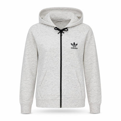 Front view of Adidas Women Grey Full Zip Hoodie, size 8, Hooded Sweatshirt
