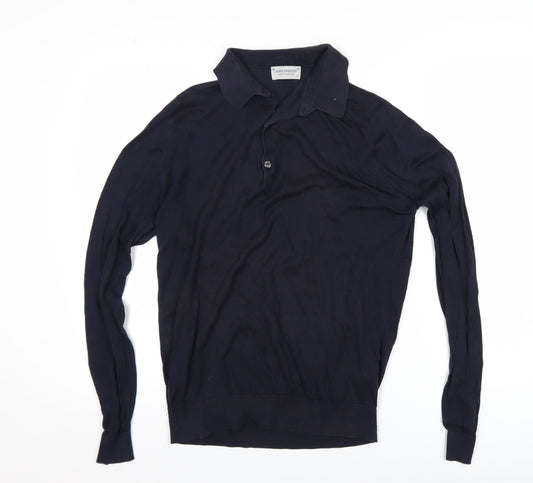 John Smedley Men's Blue Cotton Collared Henley Jumper Size M