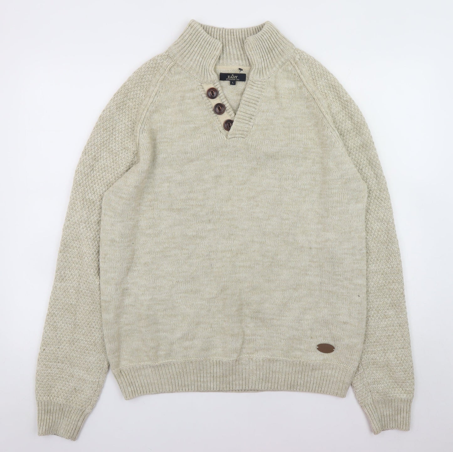 EASY Men's Beige Henley Jumper L Wool Blend Knit