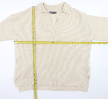 Marks and Spencer Womens Beige Collared Pullover Jumper L Relaxed Fit Knit
