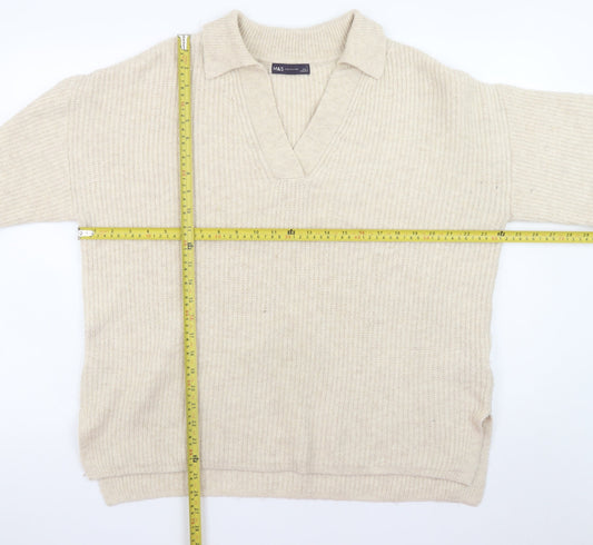 Marks and Spencer Womens Beige Collared Pullover Jumper L Relaxed Fit Knit