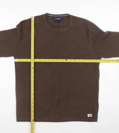 Jack & Jones Men's Brown Waffle-Knit Crew Neck Jumper Size L