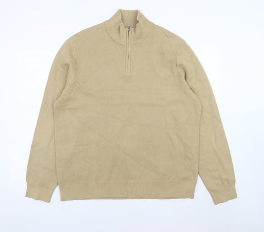 Marks and Spencer Men's Beige XL 1/2 Zip High Neck Cotton Jumper