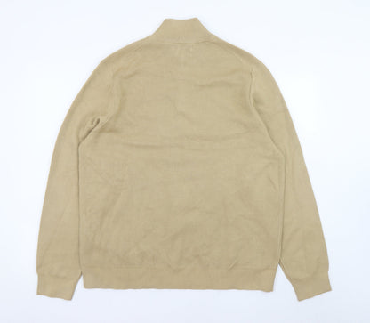 Marks and Spencer Men's Beige XL 1/2 Zip High Neck Cotton Jumper