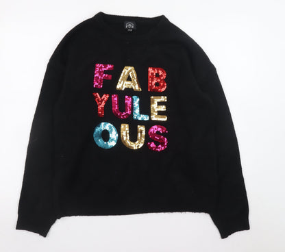 Womens UK Size 14 Festive Fun Black Pullover Jumper