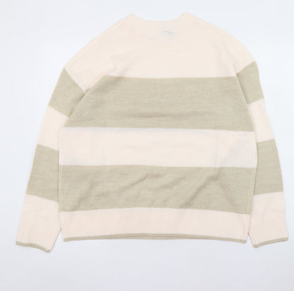 H&M Women Beige Striped Acrylic Knit Pullover Jumper Size 12