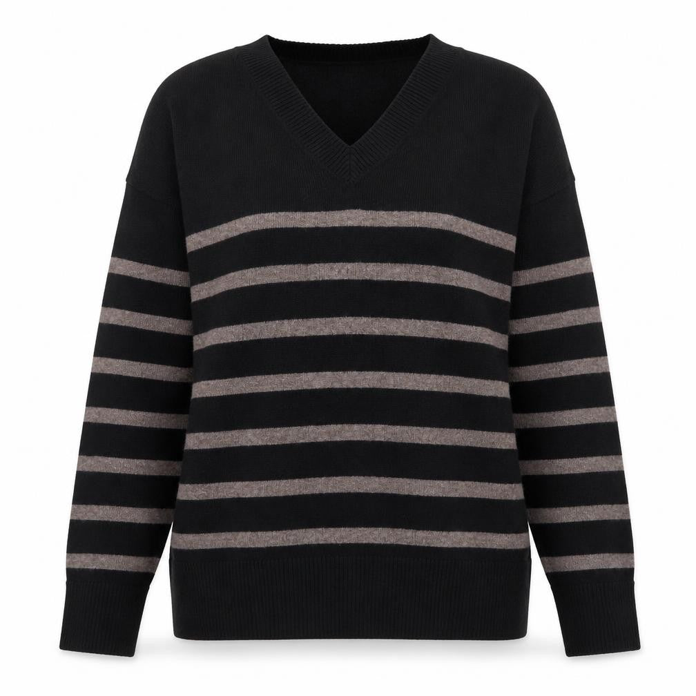 Marks and Spencer Women's Black Striped V-Neck Jumper Size S