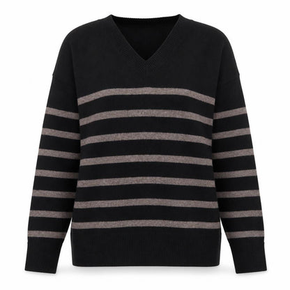 Marks and Spencer Women's Black Striped V-Neck Jumper Size S