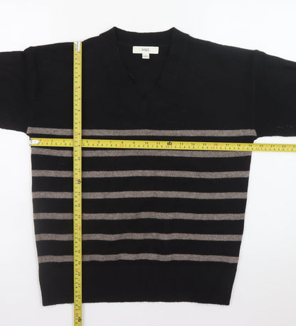 Marks and Spencer Women's Black Striped V-Neck Jumper Size S