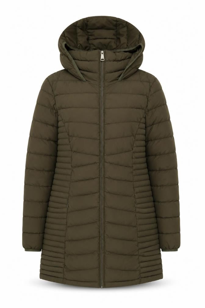 DKNY Women’s Green XS Long Hooded Quilted Puffer Coat